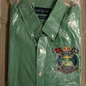 Ralph Lauren Green Gingham Men's Long Sleeve Shirt with Embroidered Crest
